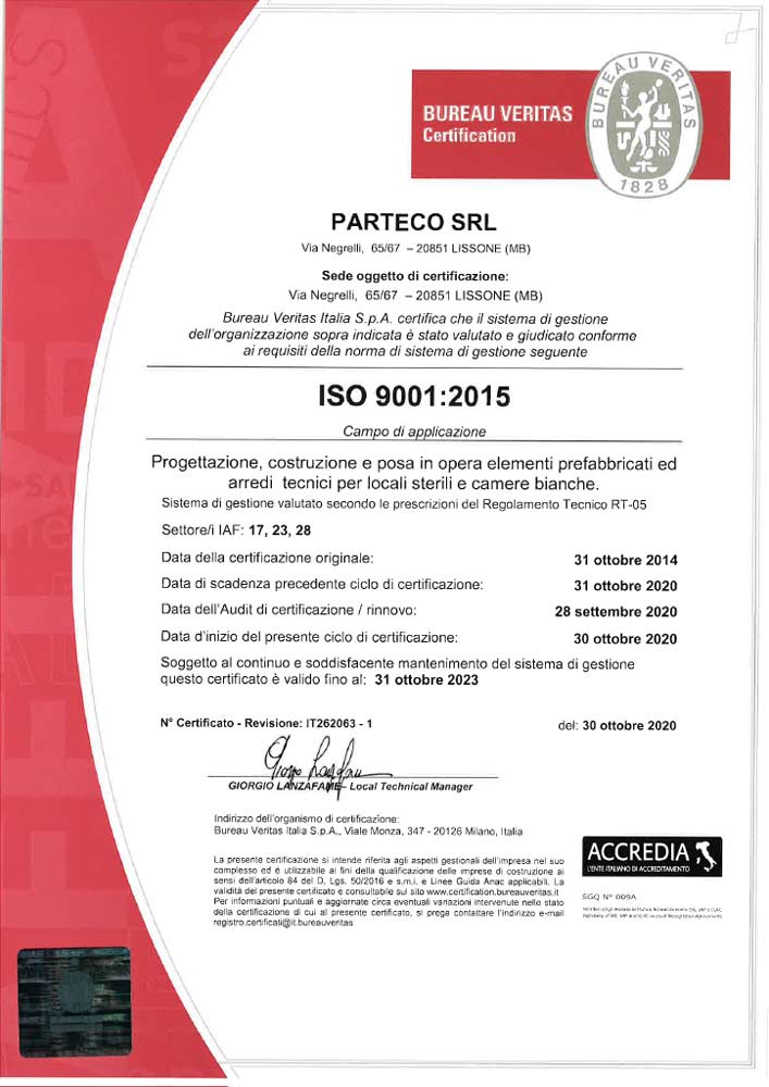 parteco camere bianche certificazione iso 9001 2015