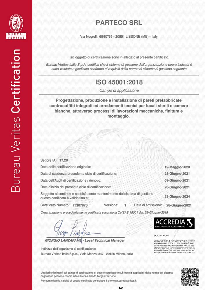 parteco cleanroom cartificazione iso 45001 2018